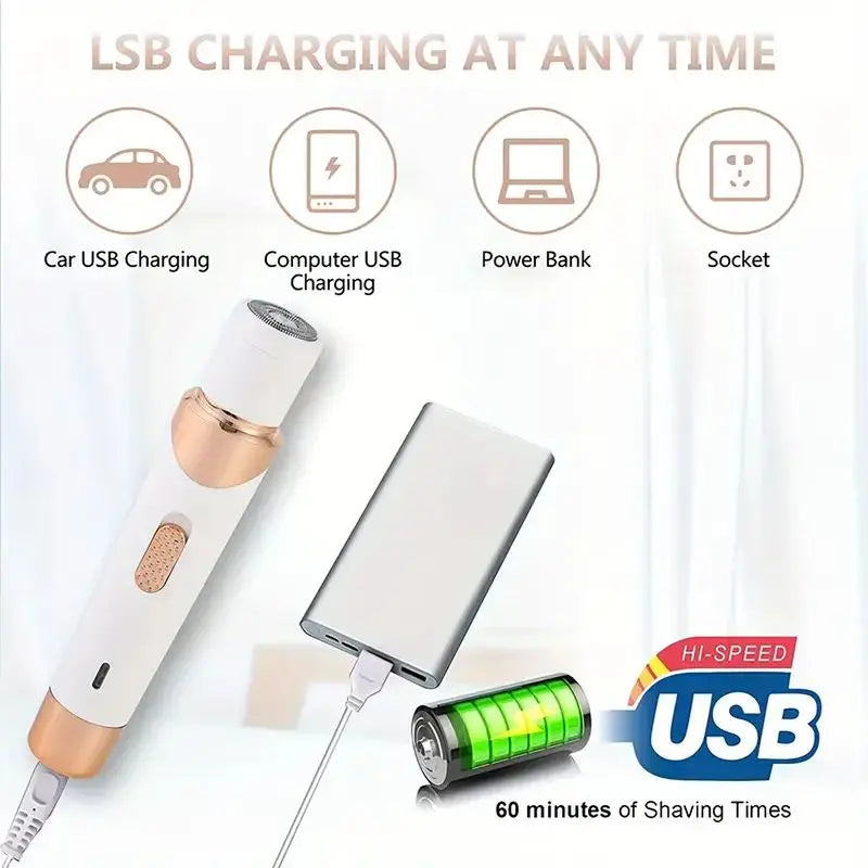 Weißes elektrisches Haarentfernungsgerät mit goldfarbener Akzentfarbe neben verschiedenen Ladeoptionen wie Auto-USB oder Comp