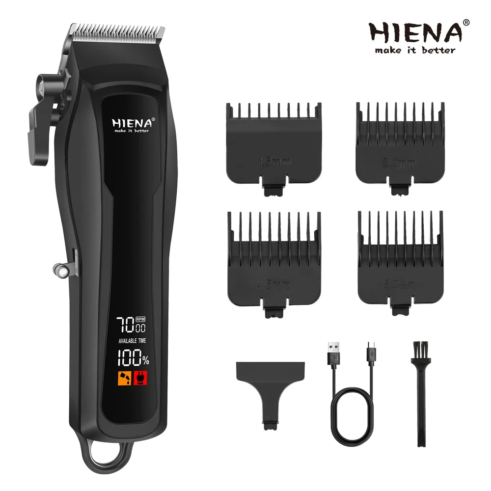 A black HIENA electric beard and hair trimmer with multiple guard attachments and charging cable.