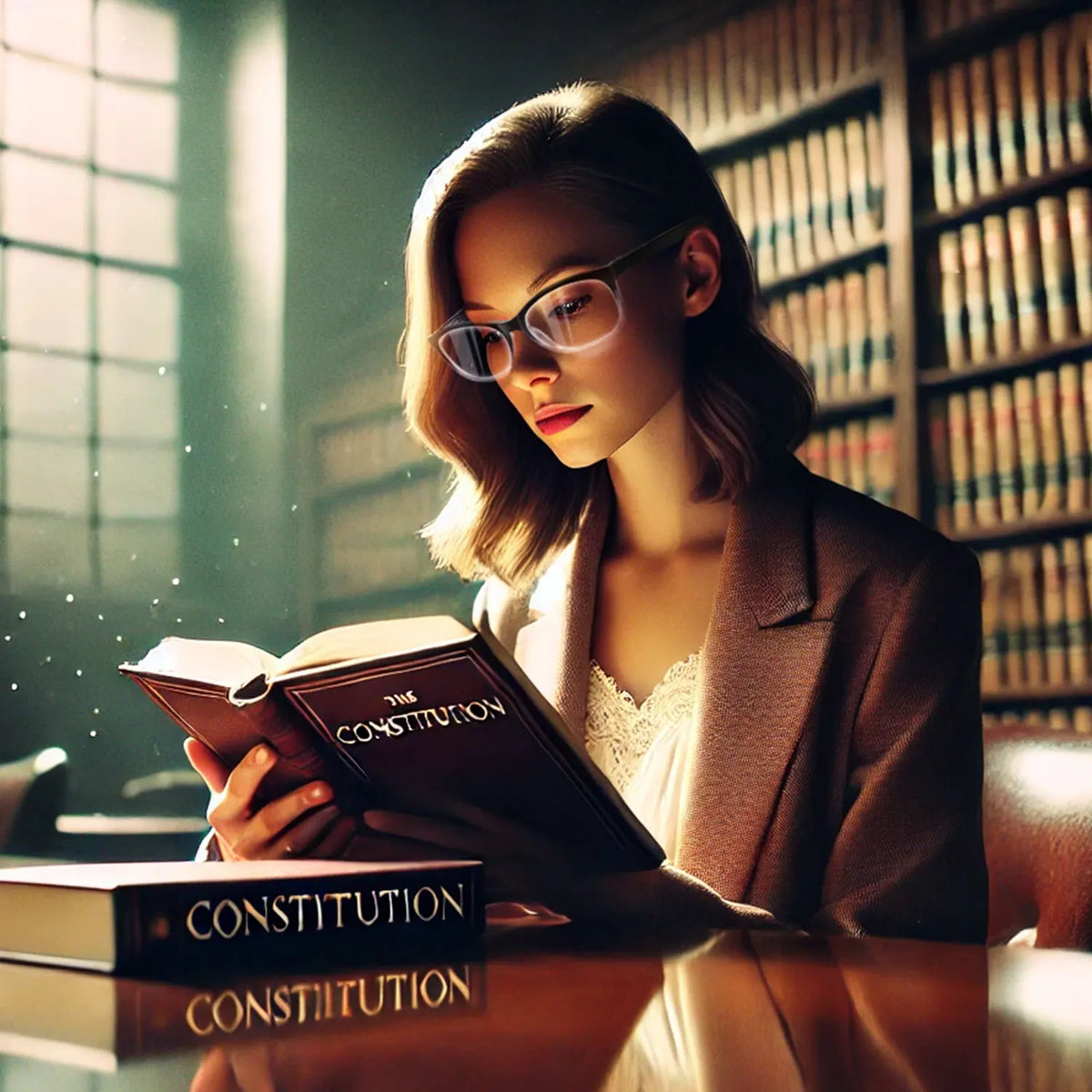 Une femme portant des lunettes à plusieurs lentilles regarde un livre dans une bibliothèque faiblement éclairée.