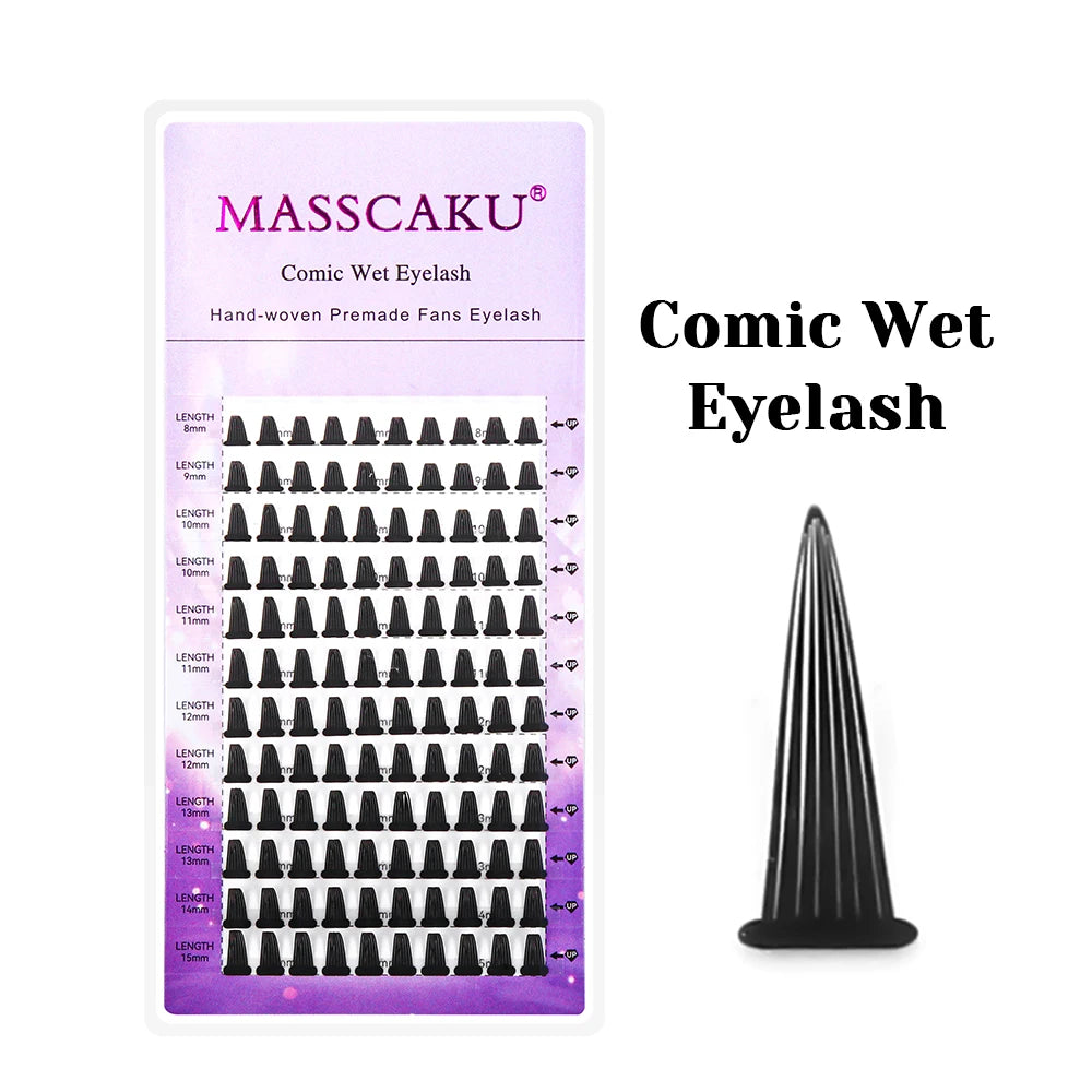 A package of MASSCAKU Comic Wet Eyelash hand-woven premade fans with various lengths.