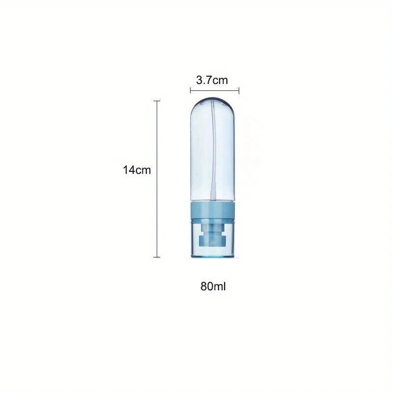 A clear, portable refillable fine mist spray bottle with a blue cap and a 14cm height and 80ml capacity.