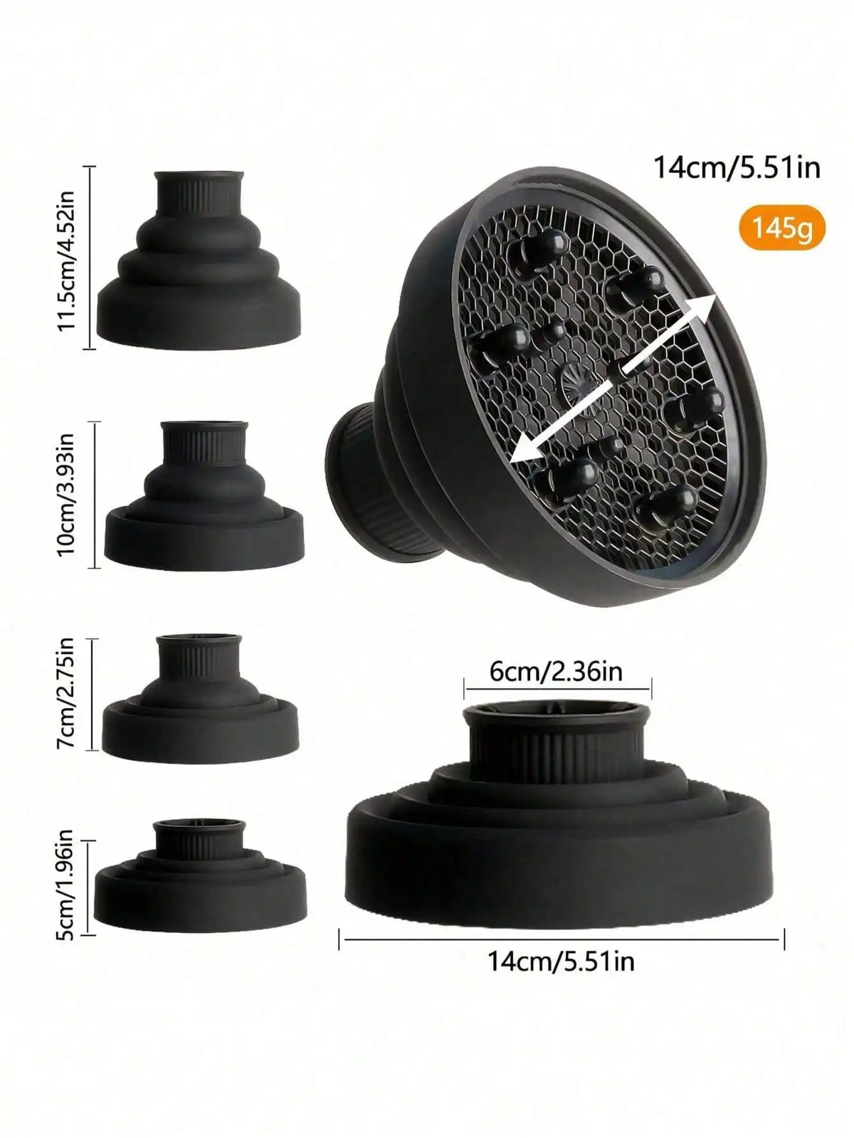 Black silicone diffuser cover for hair dryers shown in various sizes and angles.