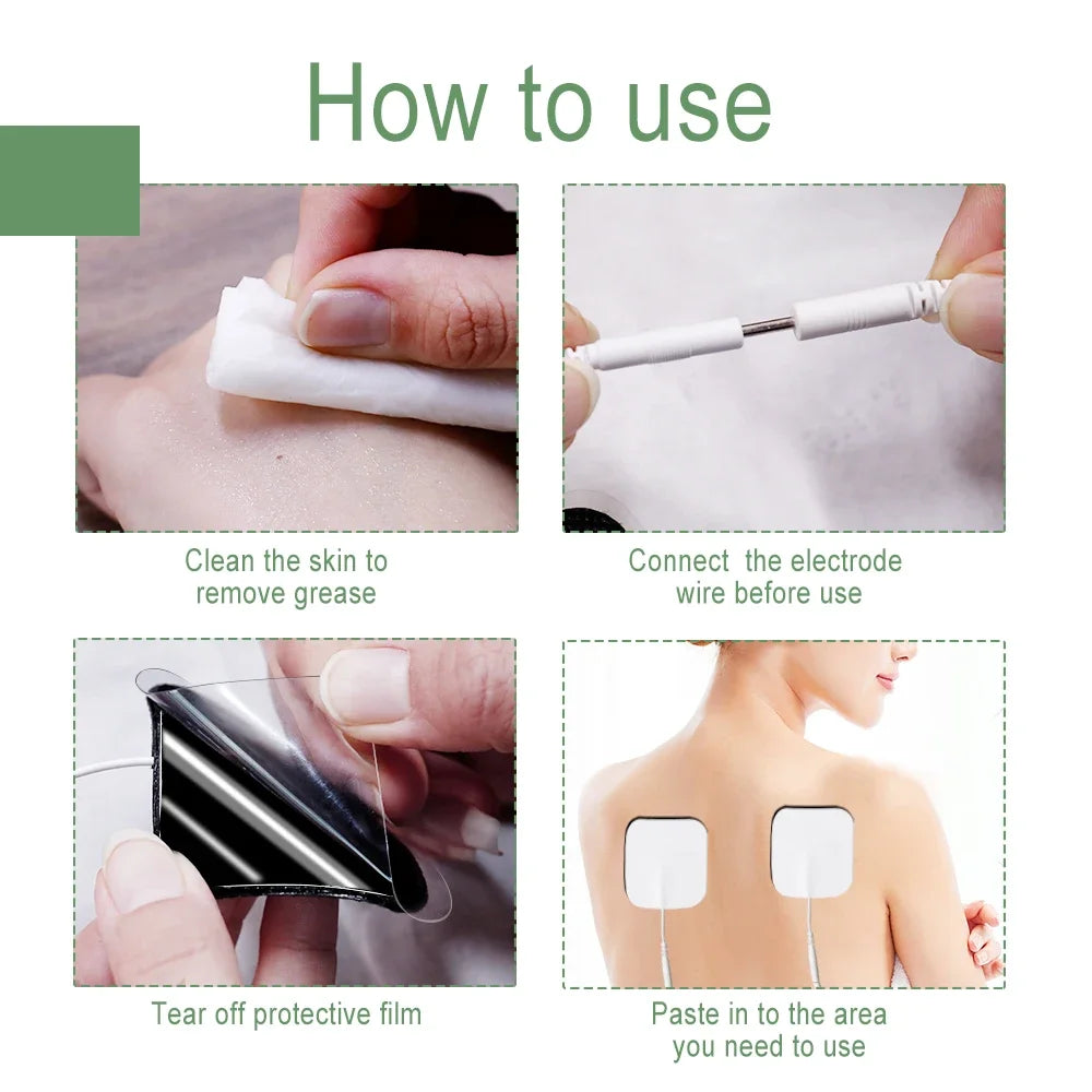 Instructions showing how to use reusable non-woven electrode pads for muscle stimulation, including skin cleaning and app use