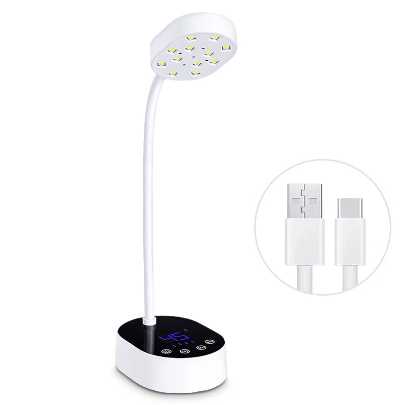 A white professional UV LED nail lamp with a flexible arm and a digital display, showing multiple LED lights.