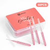 A clear container holds 50 pieces of mini eyebrow and eyelash combs in a pink packaging.