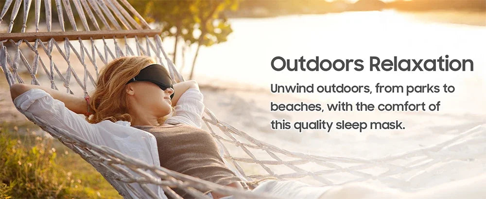 A woman is relaxing in a hammock outdoors using a sleep mask for relaxation.