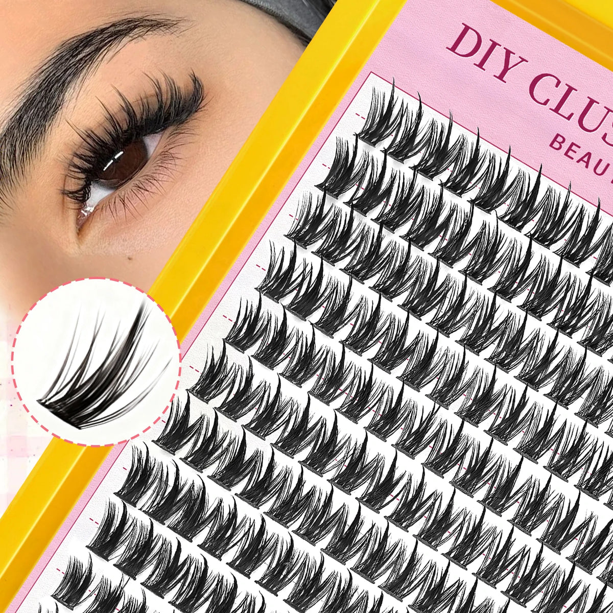 Close-up of a pink beauty product packaging showing a grid of black faux mink cluster eyelashes.