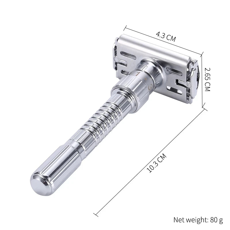 Silver double edge safety razor with butterfly opening and detachable handle