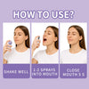 Instructions for using a long-lasting mint oral breath freshener spray, showing shaking the product and spraying it into the 