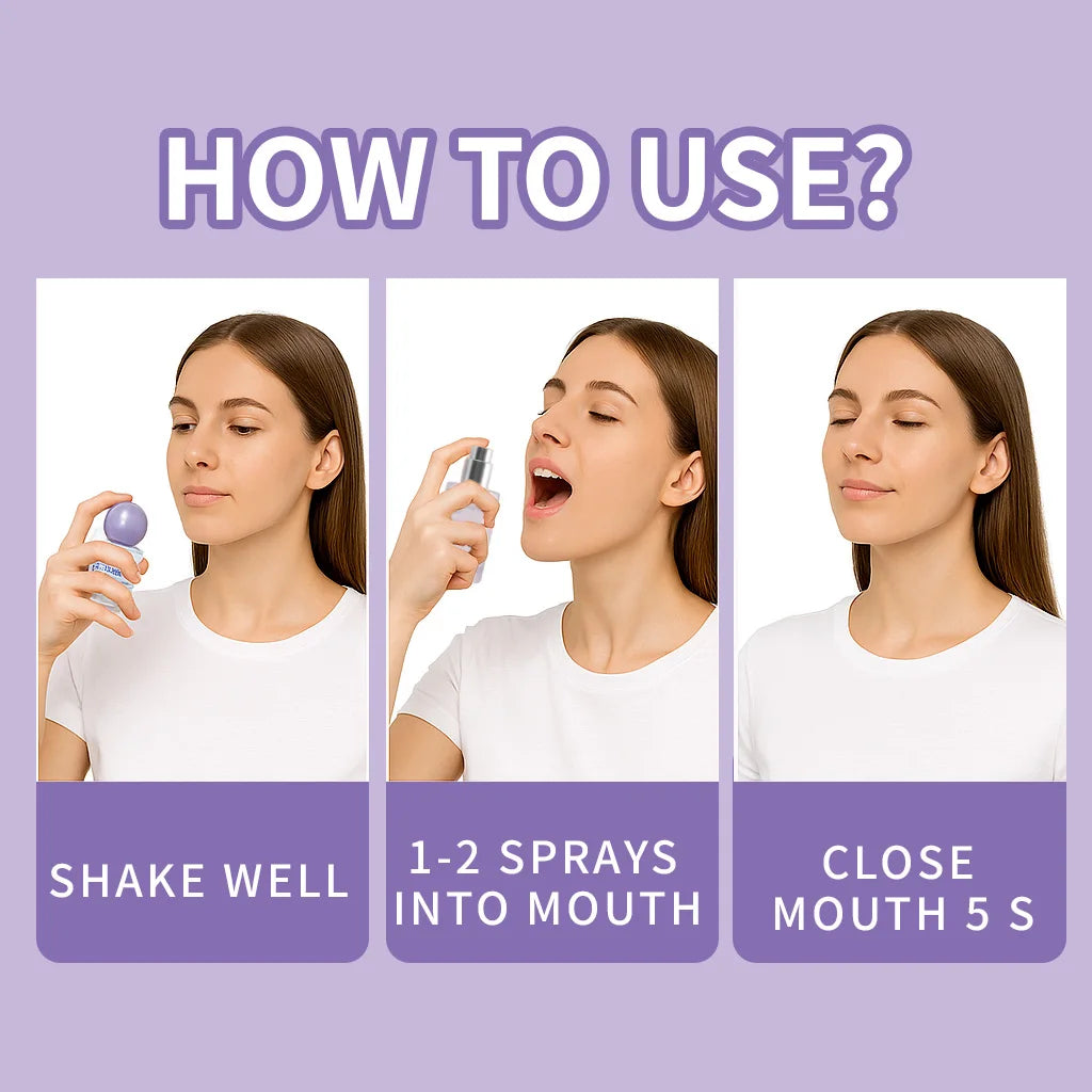Instructions for using a long-lasting mint oral breath freshener spray, showing shaking the product and spraying it into the 
