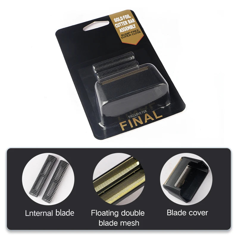 A set of gold foil cutter bar assembly for a Final foil shaver, showing the internal blade and blade cover.