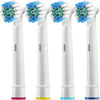 Four replacement toothbrush heads for electric toothbrushes shown in various colors and packaging.