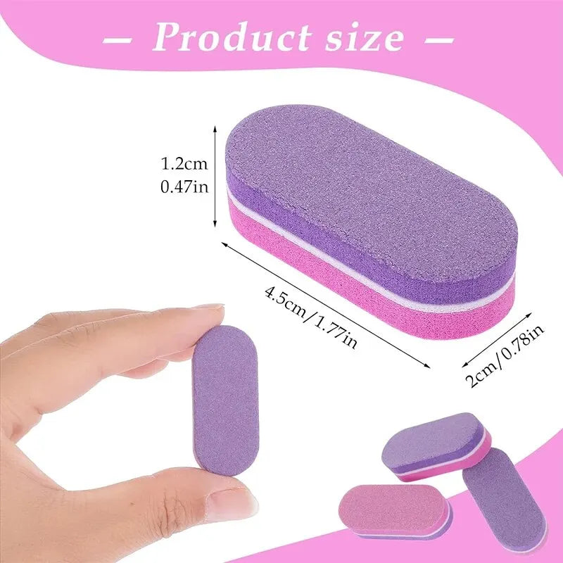 A hand holds a purple nail buffing block next to a measurement scale showing its size.