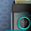 Close-up of a professional electric foil shaver with titanium coating foils and an RPM speed display.