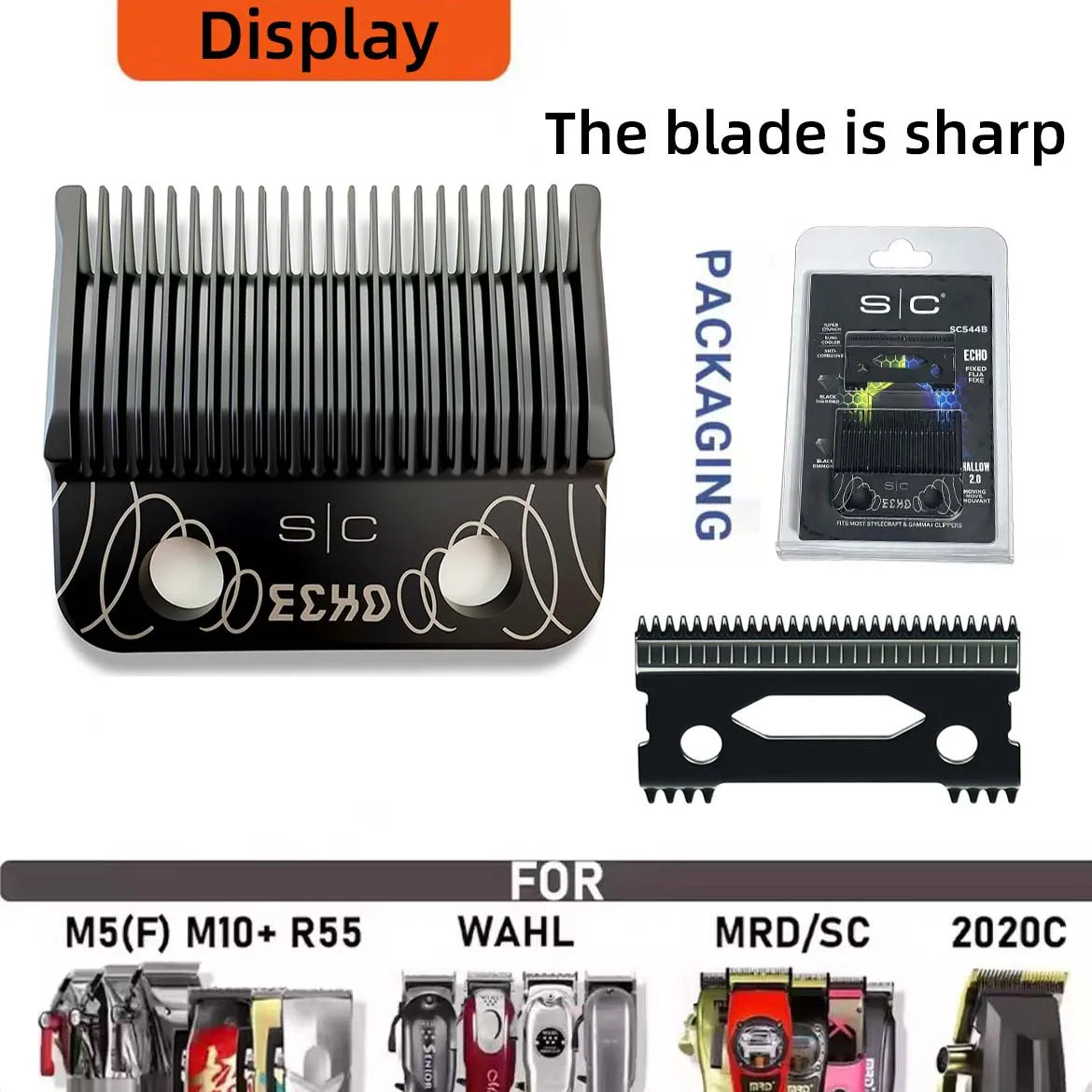 Display of a professional hair clipper blade set including various sizes and attachments