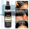 A bottle of Inyou Lace Melting Spray for glueless lace wig application shown next to examples of natural, fit, and traceless 