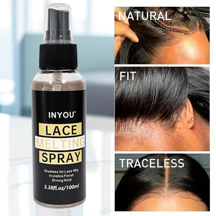 A bottle of Inyou Lace Melting Spray for glueless lace wig application shown next to examples of natural, fit, and traceless 