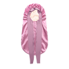 A pink satin silk hair bonnet cap displayed vertically.