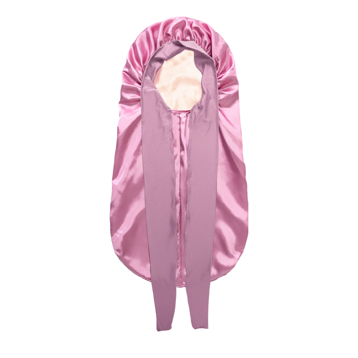 A pink satin silk hair bonnet cap displayed vertically.