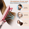 Plancha y secador de pelo rosa 2 en 1 alisando cabello mojado, con diagramas de aplicación húmeda
