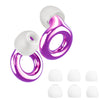 A set of purple and white silicone ear plugs for noise reduction.