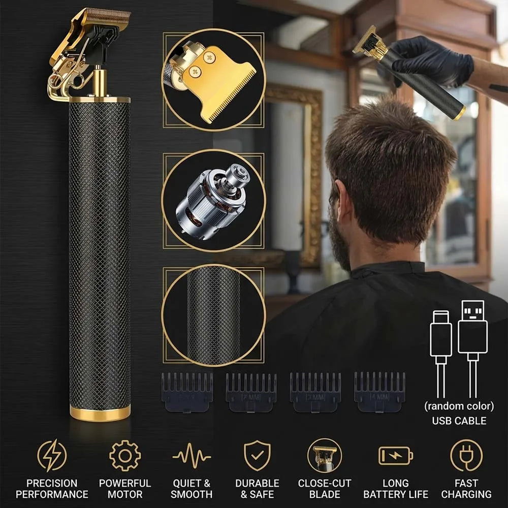 Professionelles 3-in-1 kabelloses Haarschneidemaschine-Set mit verschiedenen Aufsätzen gegen dunklen Hintergrund.