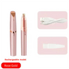 Rose gold rechargeable electric eyebrow trimmer and epilator with charging cable and trimmer head shown in pink packaging.