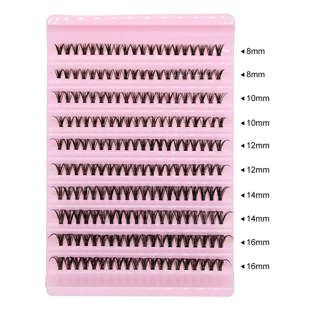 A pink plastic tray holding a set of DIY cluster lashes with varying lengths from 8mm to 16mm.