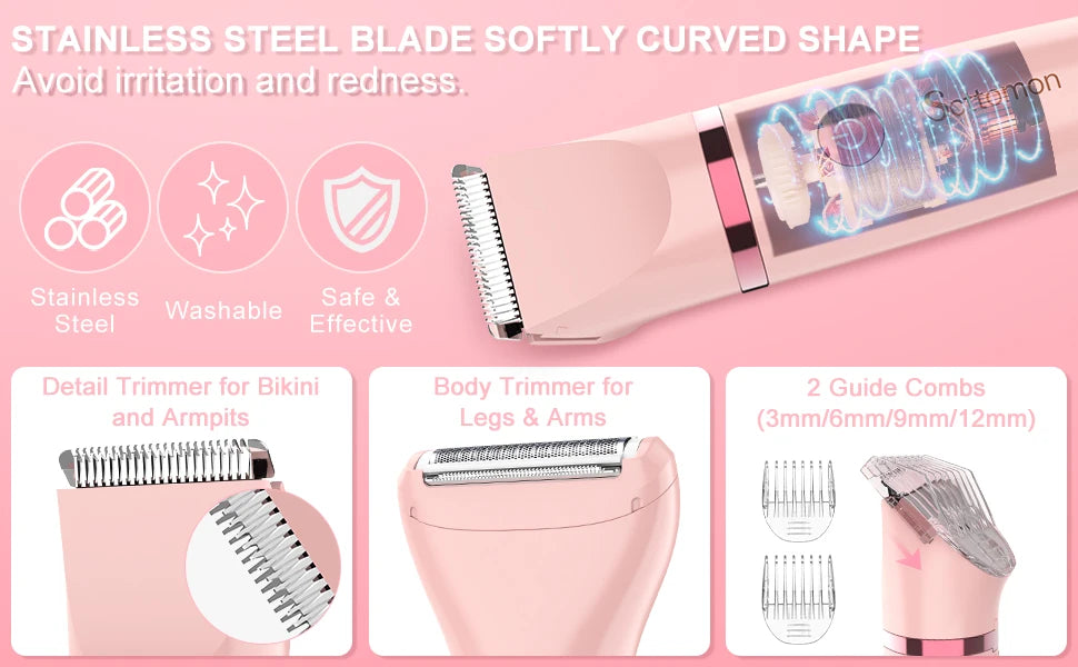 A pink stainless steel hair remover kit featuring a detail trimmer for bikini and armpits, and a body trimmer for legs and ar