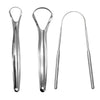 Stainless steel U-shaped tongue scraper for oral cleaning shown in a vertical orientation.
