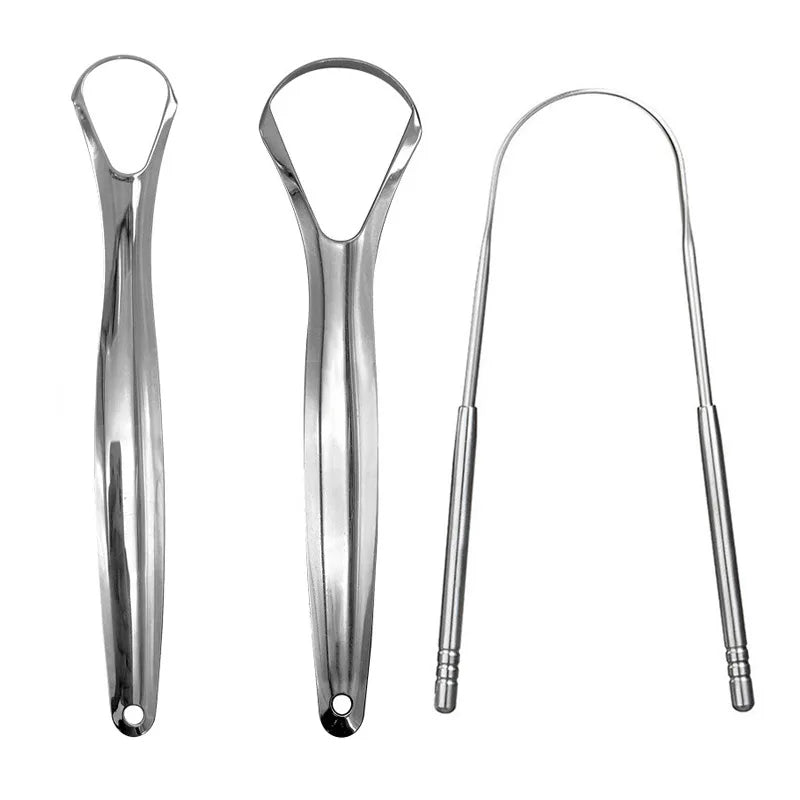 Stainless steel U-shaped tongue scraper for oral cleaning shown in a vertical orientation.