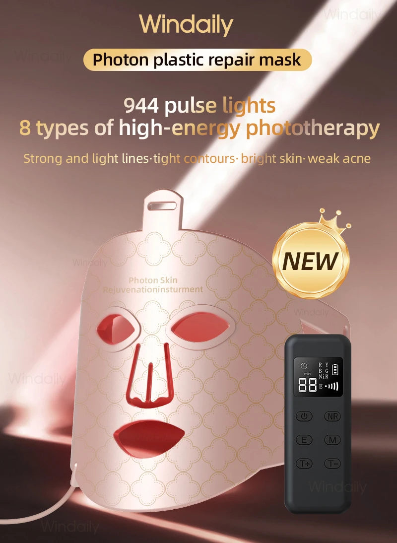 A pink photon plastic repair mask and a handheld device for high-energy phototherapy are shown on a dark background.