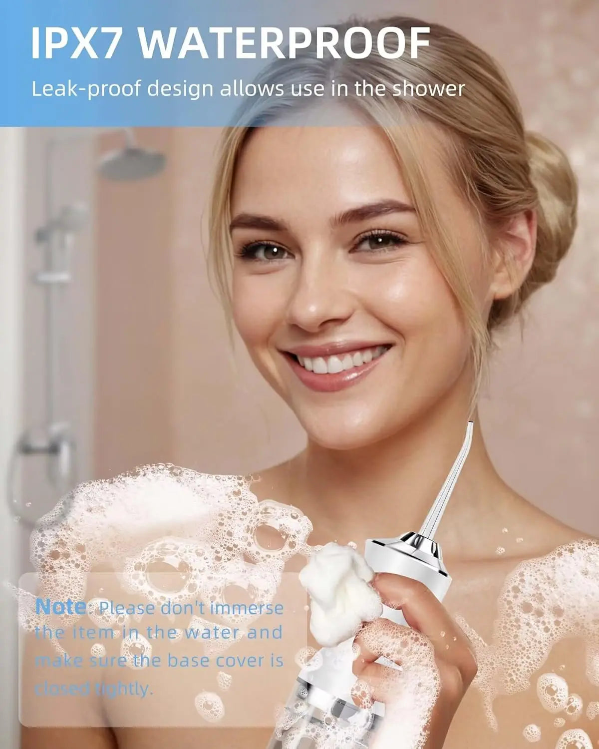 A woman is shown using a portable electric water flosser for oral cleaning, highlighting its IPX7 waterproof feature.