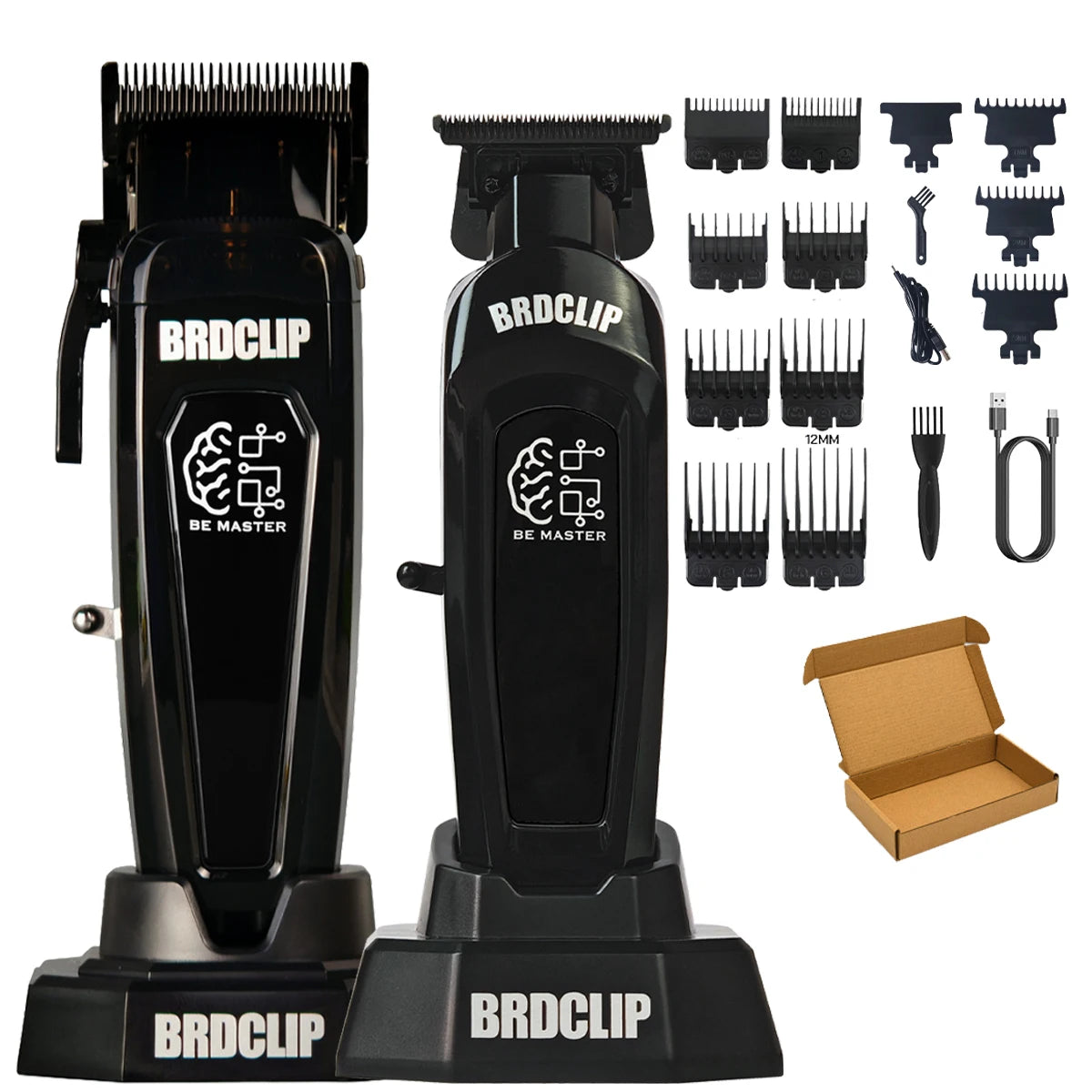 A set of black electric hair clippers and attachments for professional grooming.