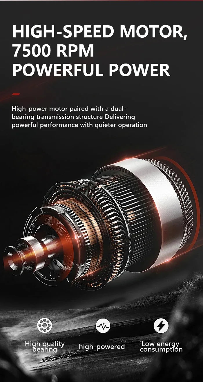 Close-up of a high-speed motor and dual-bearing transmission structure for a cordless electric foil shaver.