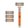 A set of three orange and black multi-blade safety razors with silver handles.