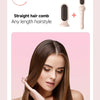 A woman is shown using a straight hair comb to style her long brown hair.