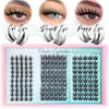 Kit cosmétique montrant des exemples de regards œil de chat, rond et chiot, avec un plateau d'extensions de cils noirs en gra