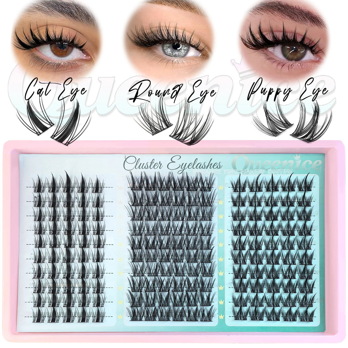 Kit cosmétique montrant des exemples de regards œil de chat, rond et chiot, avec un plateau d'extensions de cils noirs en gra