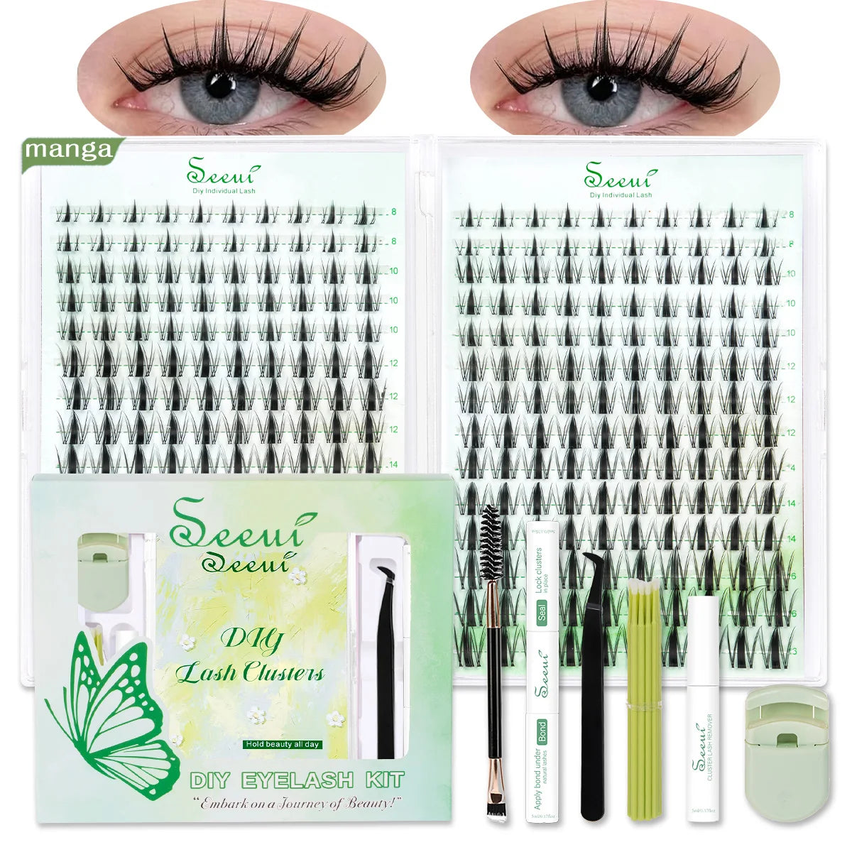 A kit for DIY eyelash clusters featuring false lashes and a brush, displayed next to close-ups of natural eyelashes.