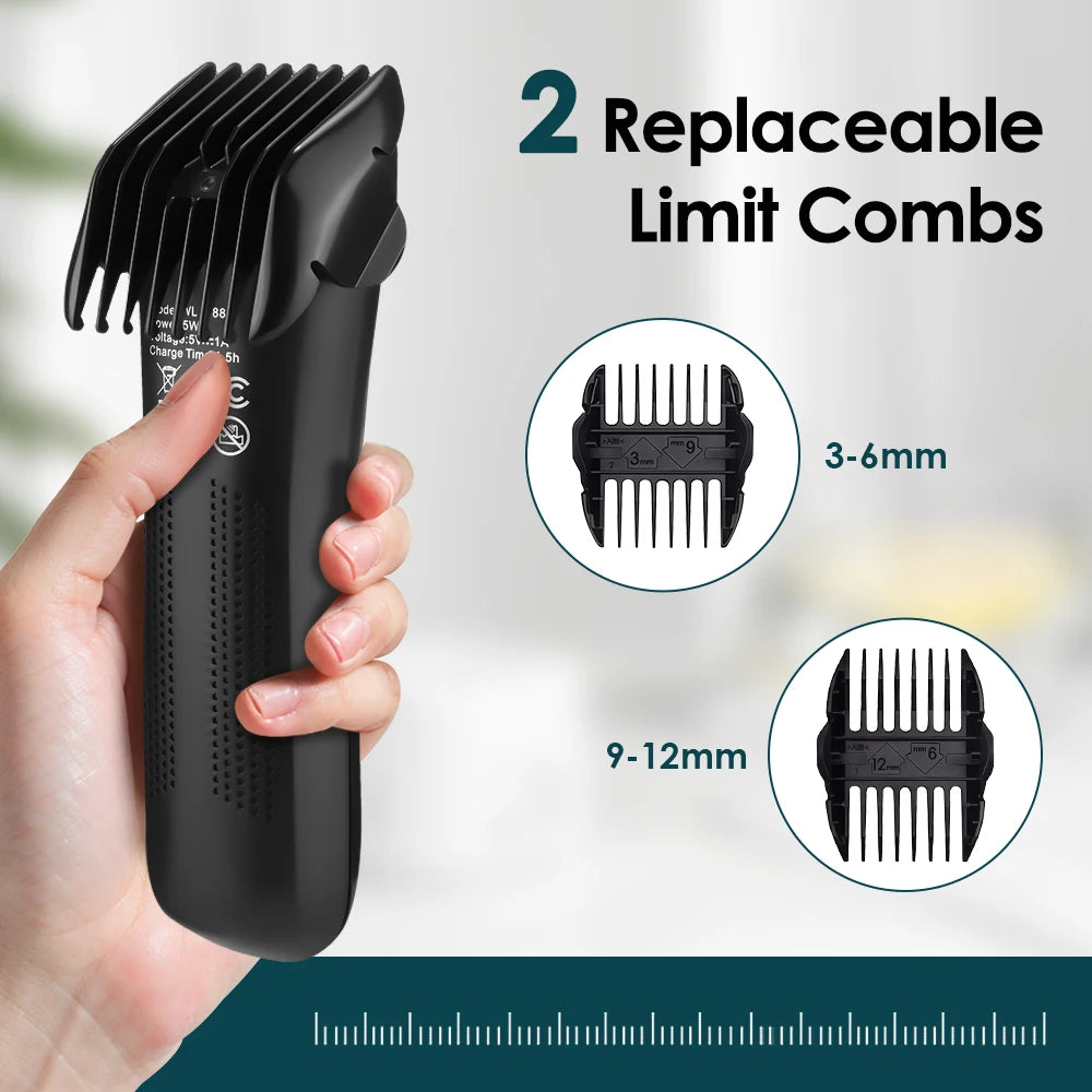 A hand holds a black precision electric body hair trimmer with two replaceable limit combs shown next to it.