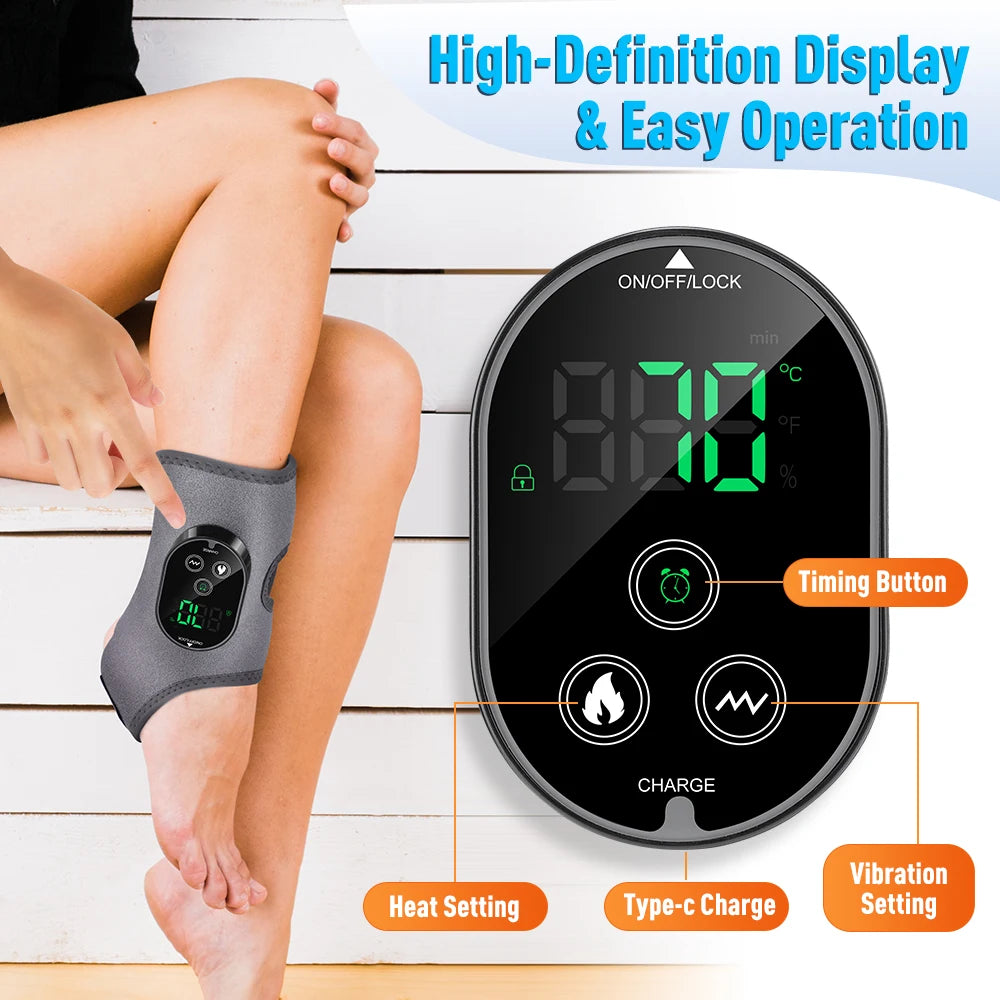 A black heated vibration foot ankle massager is shown being used on a person's leg.