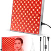 A red light therapy panel is shown next to a model demonstrating its use on the skin.