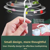 A hand holds a white reusable dental floss tool, demonstrating its pulling force and small design for toothpicking.
