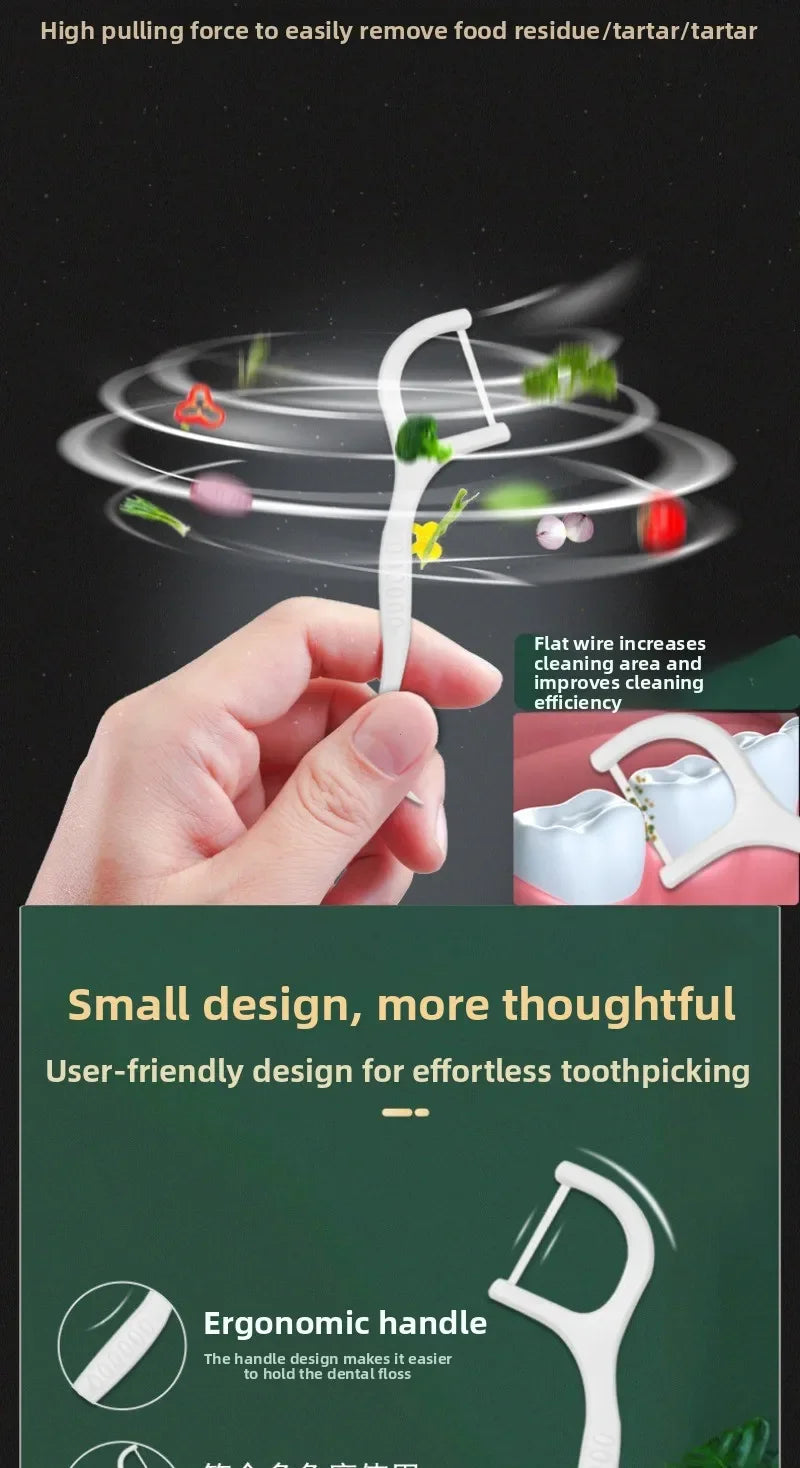 A hand holds a white reusable dental floss tool, demonstrating its pulling force and small design for toothpicking.