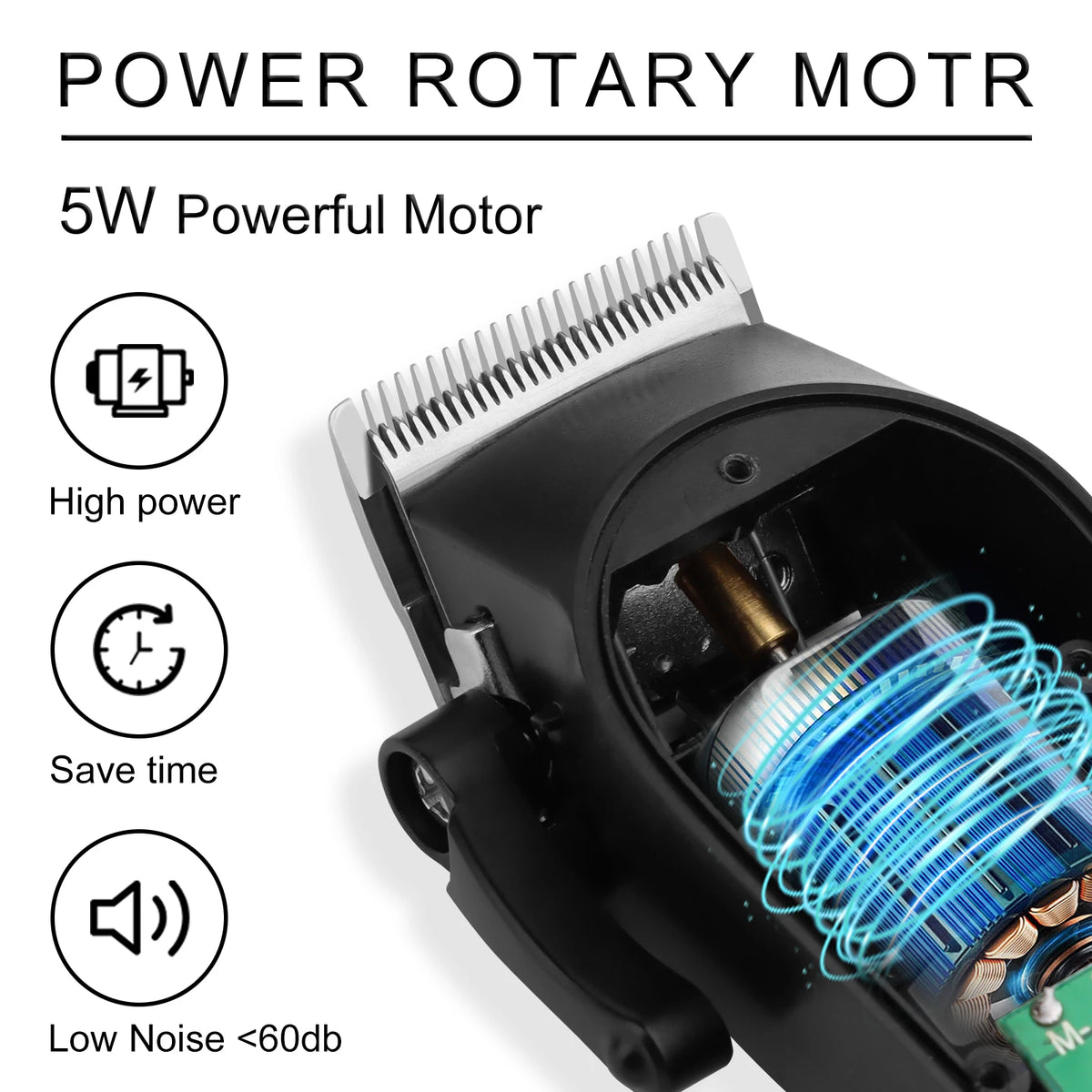 A close-up view of a black power rotary motor device showing its internal components and features.