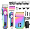 A set of three professional electric hair clippers and shavers in various colors and sizes displayed together.