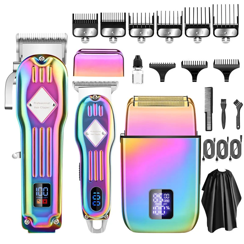 A set of three professional electric hair clippers and shavers in various colors and sizes displayed together.