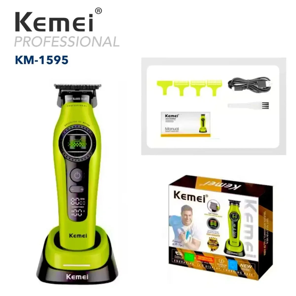 A yellow Kemei professional rechargeable hair clipper and trimmer set with a black battery and charging cable.