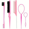 A set of five pink professional hair styling combs and brushes for hair styling.